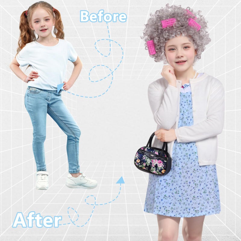 Kicpot Old Lady Costume for Kids Girls 100 Days Of School Costume Grandma Costume Granny Old Lady Dress Up (Blue  5-7Y) - Image 4